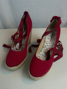Delicious Raspberry Red Espadrille Wedge Tie-Up Shoes